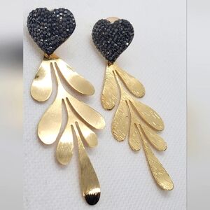 Liset Miro EARRINGS - Elegant Gold Leaf And Hearts With Rhinestones -Like-New-